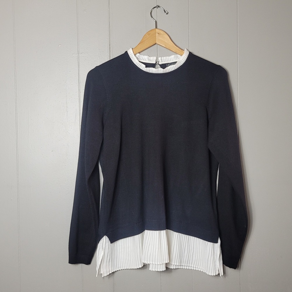 ADRIANNA PAPELL BLACK WHITE LAYERED SWEATER PLEATED COLLAR & HEM WOMENS LARGE